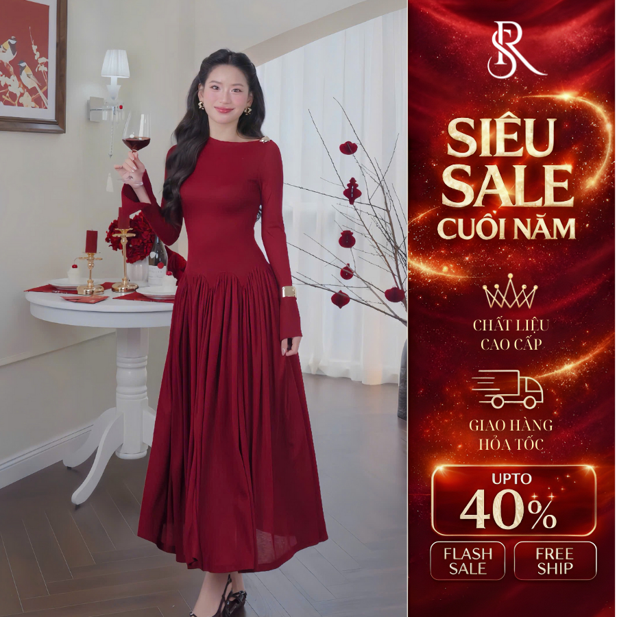 Đầm thiết kế cao cấp dáng xoè, váy dài tay dáng dài sang chảnh Rosia đi tiệc, đi chơi, đi Tết Rosia