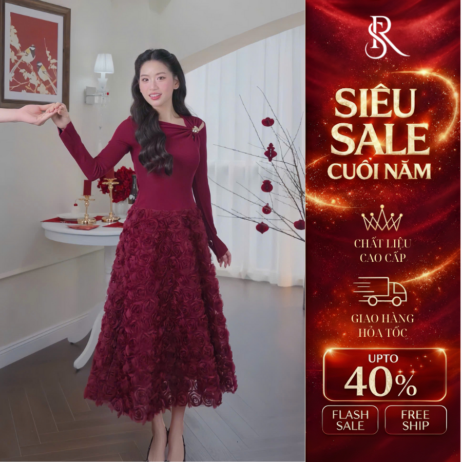 Váy dự tiệc dài tay dáng dài, đầm cao cấp thiết kế dáng xoè đính hoa đi tiệc, đi cưới, đi chơi Rosia