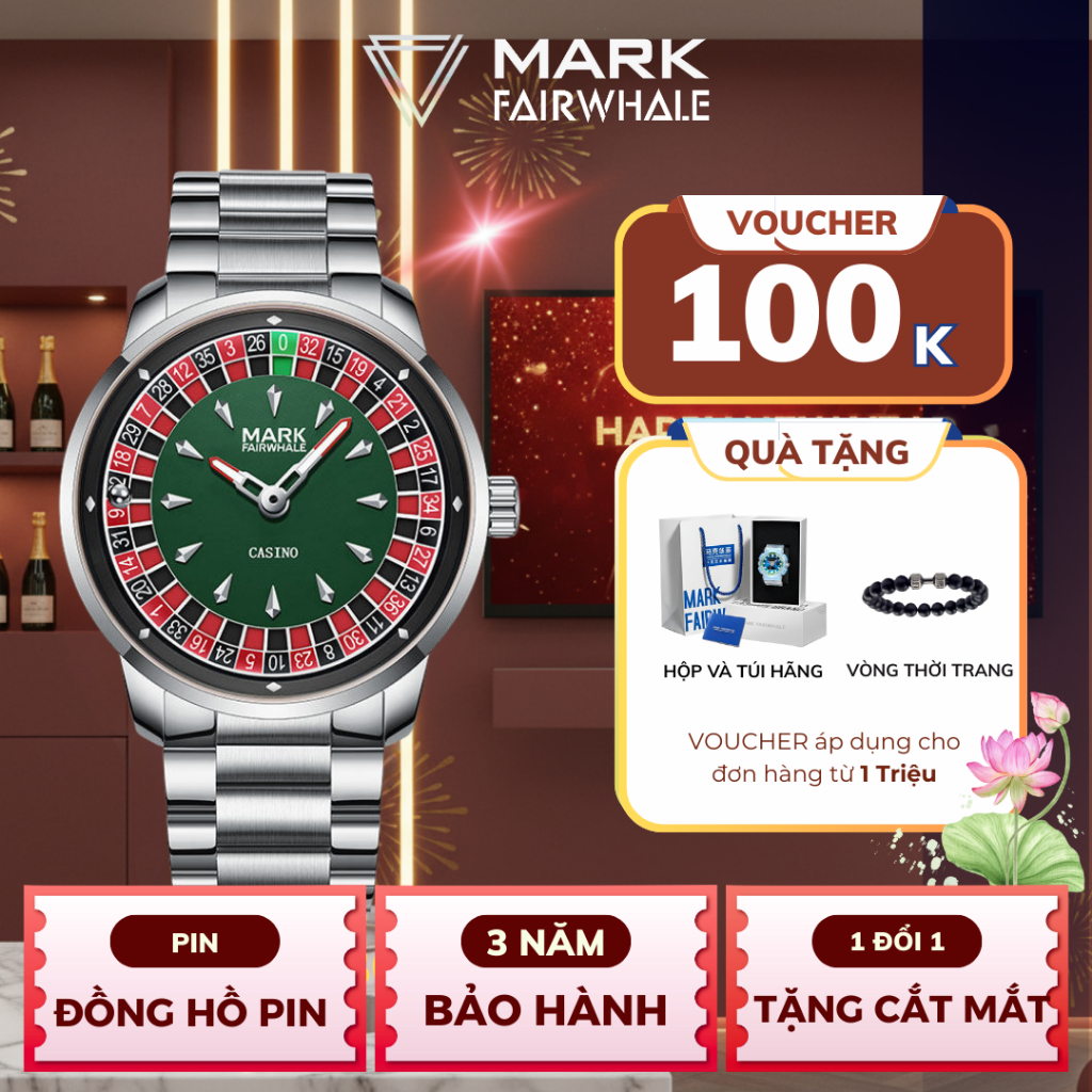 [Mark FairWhale] Đồng hồ đeo tay nam MARK FAIRWHALE chính hãng dây thép Size 43mm thiết kế phong các