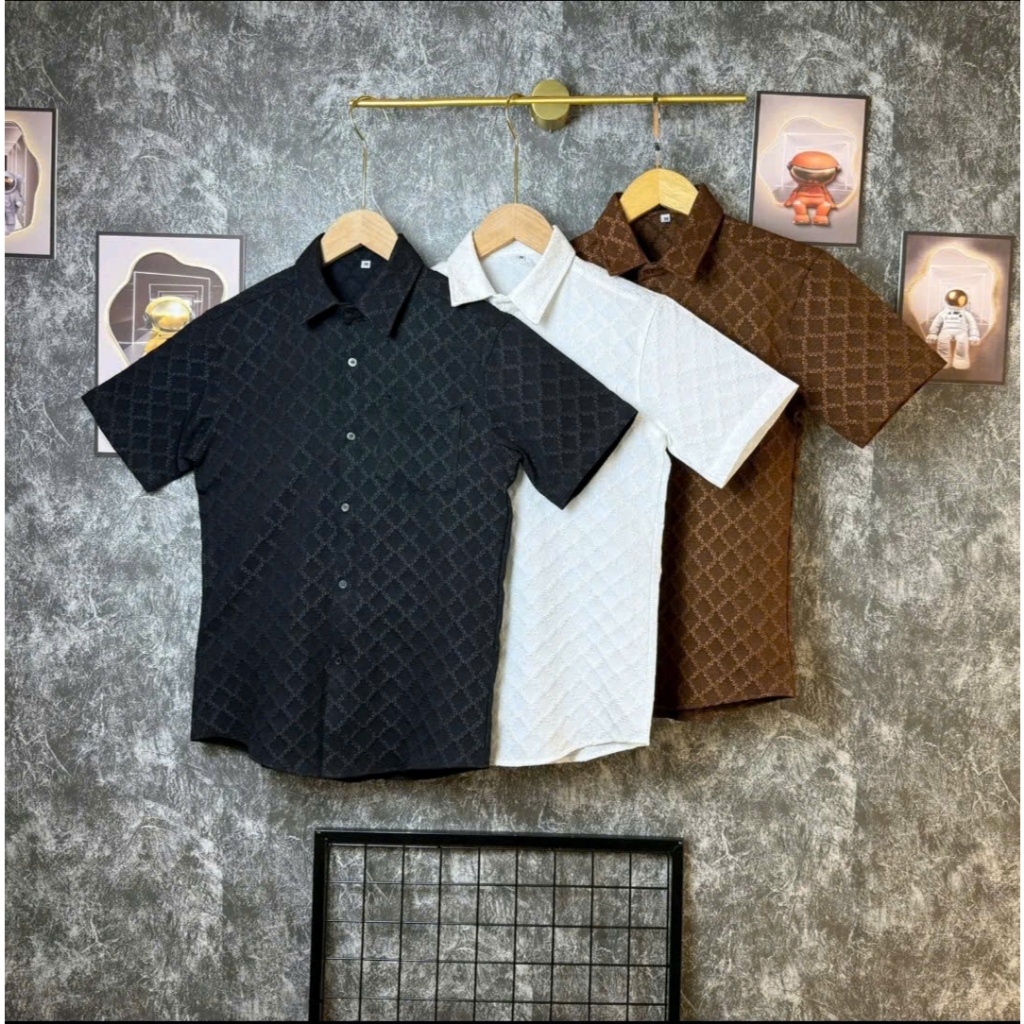 Áo sơ mi nam cổ bẻ ngắn tay phong cách, áo ngắn nam vải lụa dập vân trẻ trung -  AMANLAB