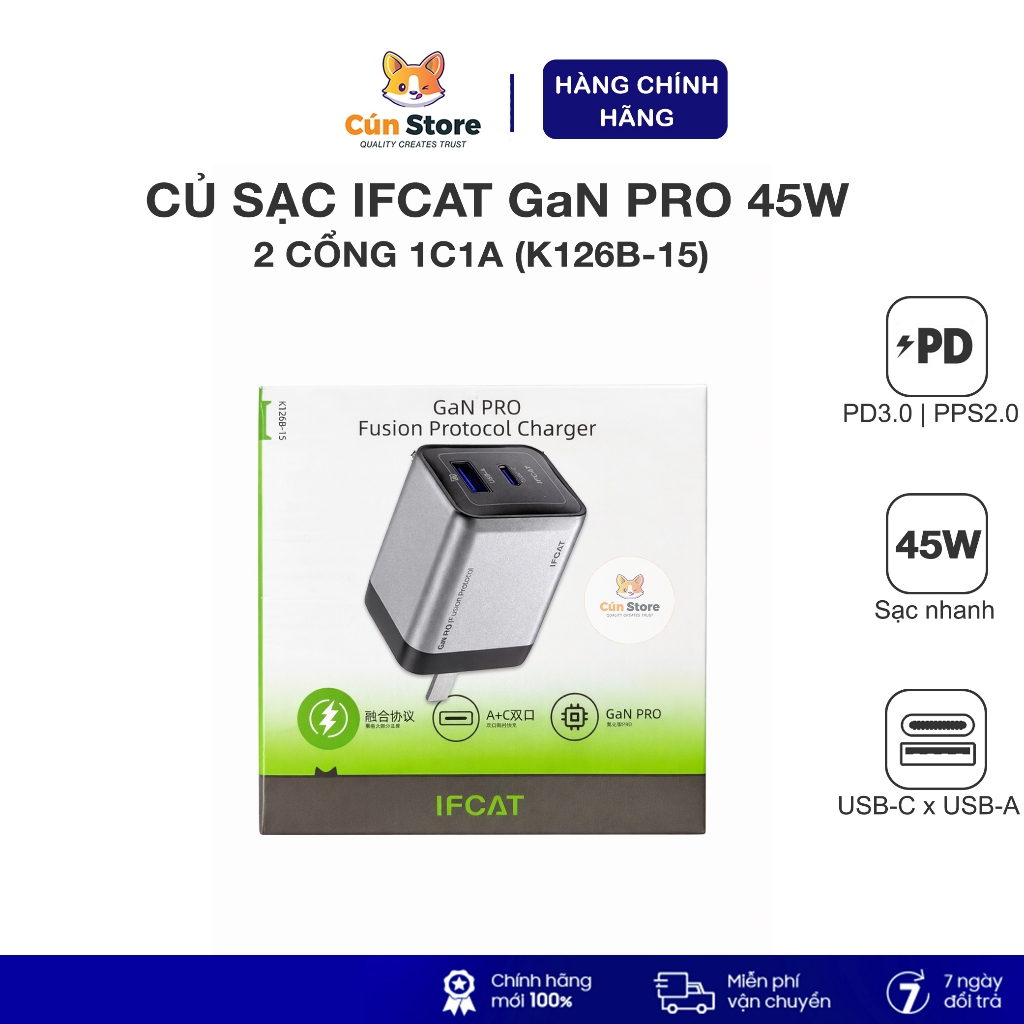 Củ sạc nhanh IFCAT 45W GaN PRO 2 cổng 1A1C hỗ trợ PD3.0, PPS 2.0 cho Samsung, IP | Bảo hành 6 tháng