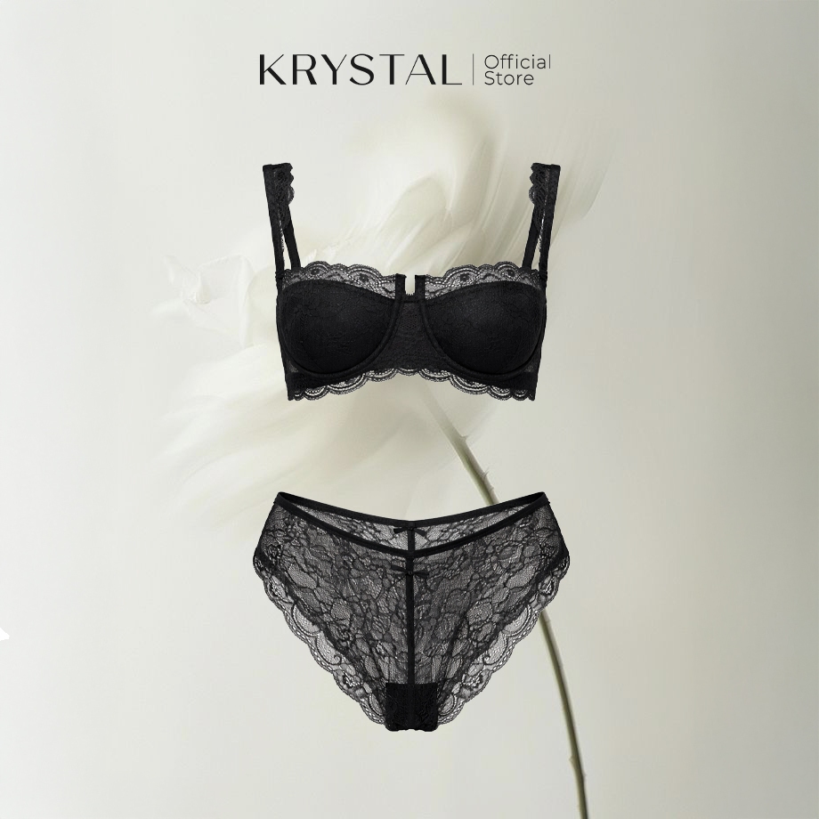 KRYSTAL Set Nội Y Utopia Đen Áo Bra Ren Có Gọng Cúp Áo Ngang Vai Bèo + Quần Lót Ren Hạn Chế Viền May (Có Tách Lẻ)