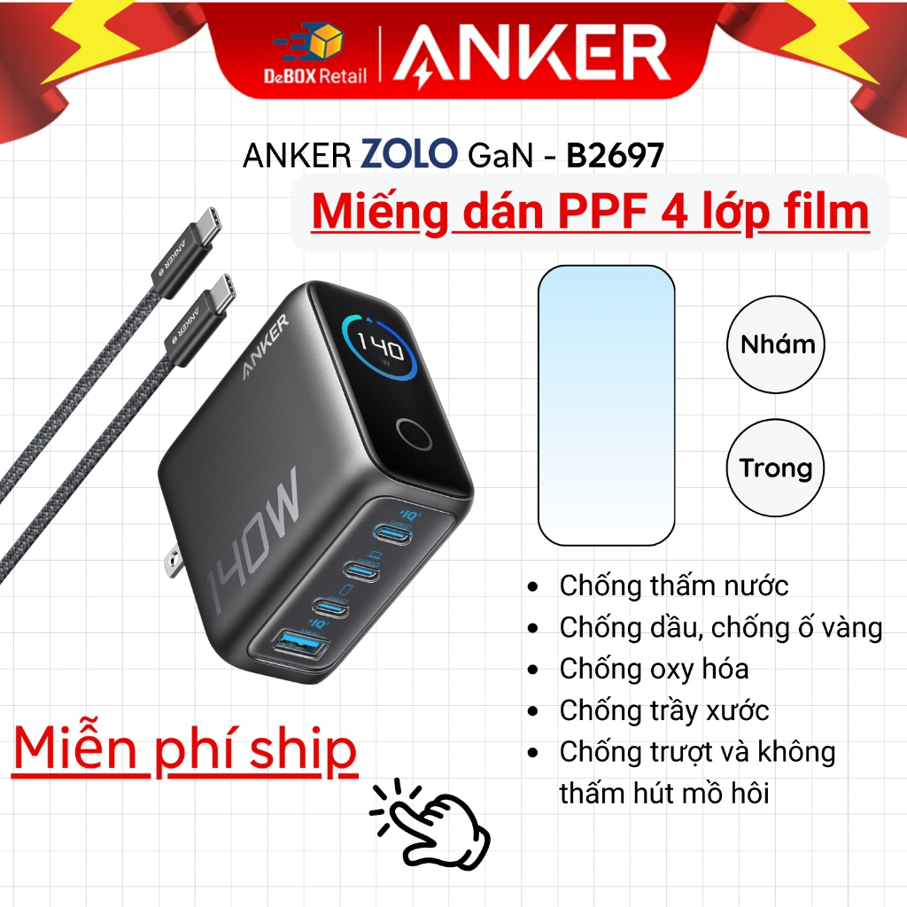 Miếng dán film PPF 4 lớp dành cho Củ Sạc Anker A2697 140W chống trầy xước, chống trượt, chống thấm n