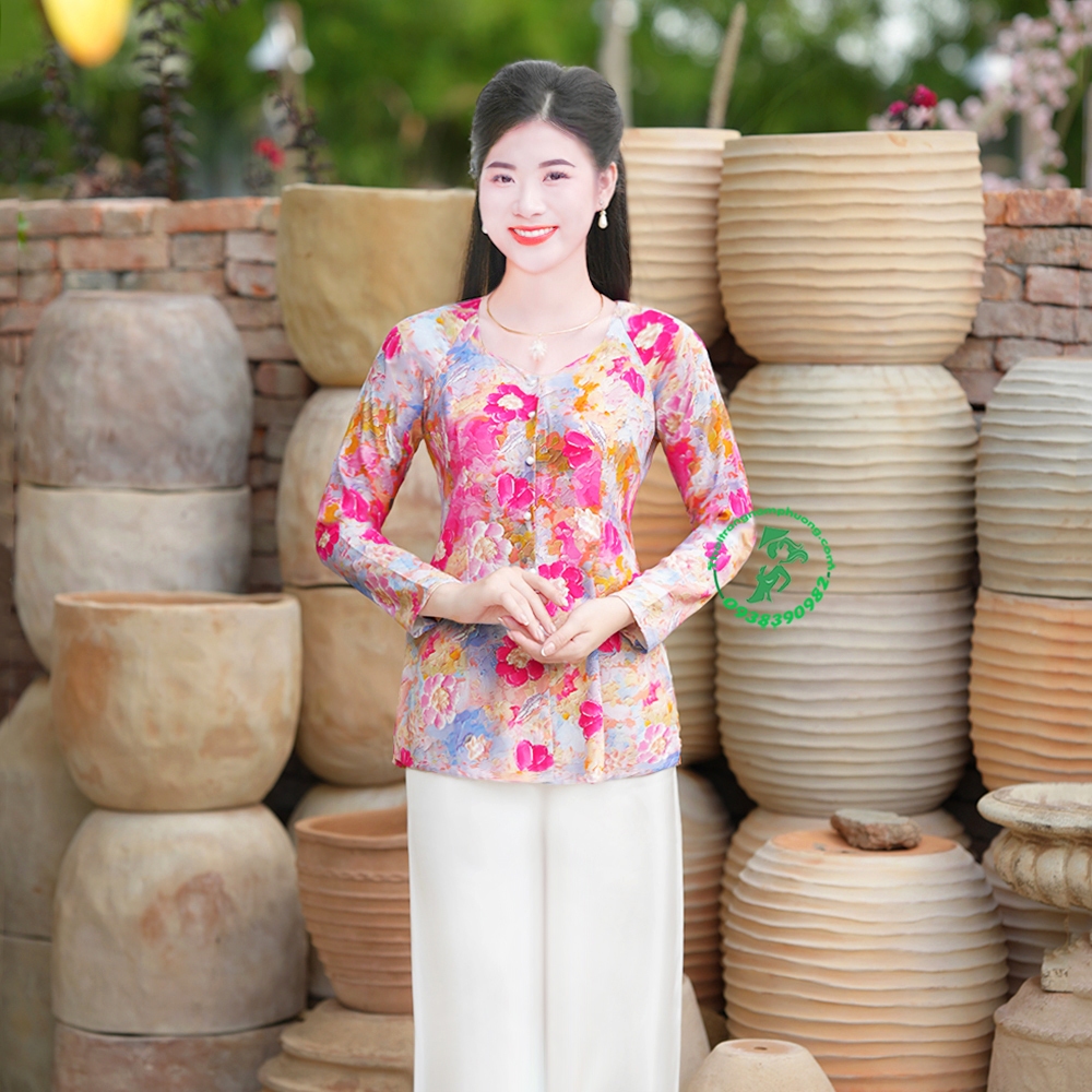 Áo bà ba nữ vải lụa bảo anh in hoa nhí cổ vuông tim, Nam Phương - Mã SP: LBA29