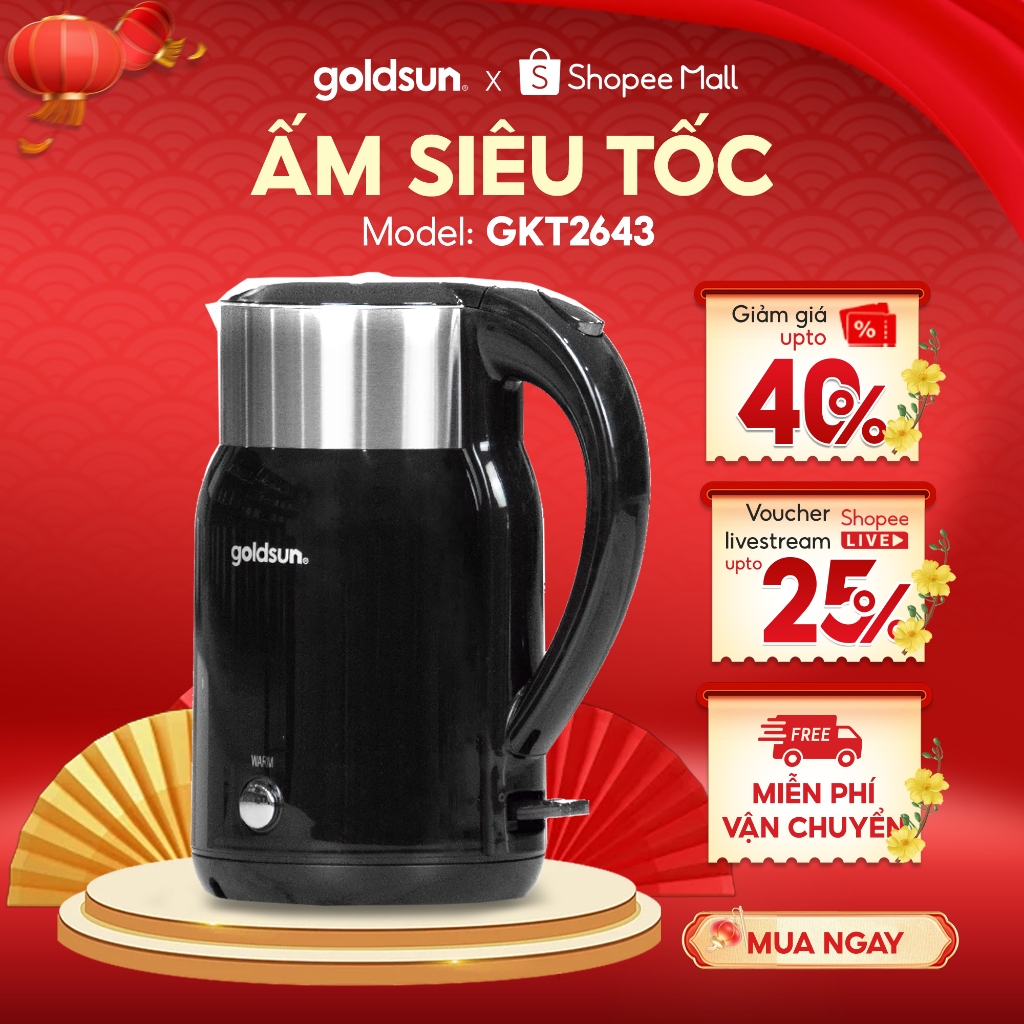 Ấm siêu tốc inox 304 Goldsun GKT2643 1.8L, công suất 1800W có chế độ giữ ấm [BẢO HÀNH 12 THÁNG]