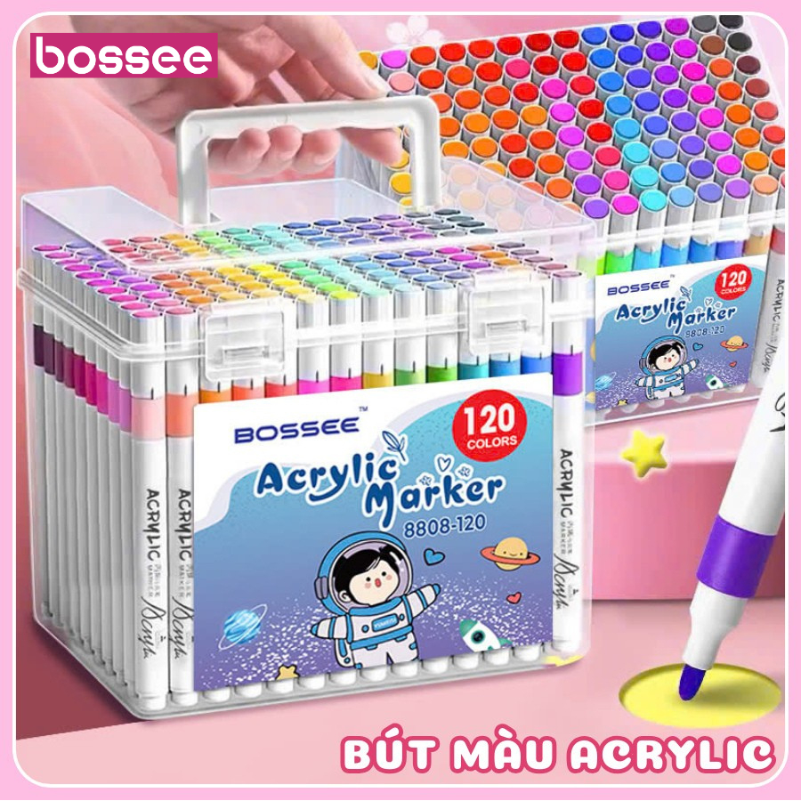 Bộ 12/24/36/48/60/80/120 Màu Acrylic Marker Bossee Ngòi Đầu Tròn, Bút Sơn Màu Tươi Sáng Không Lem