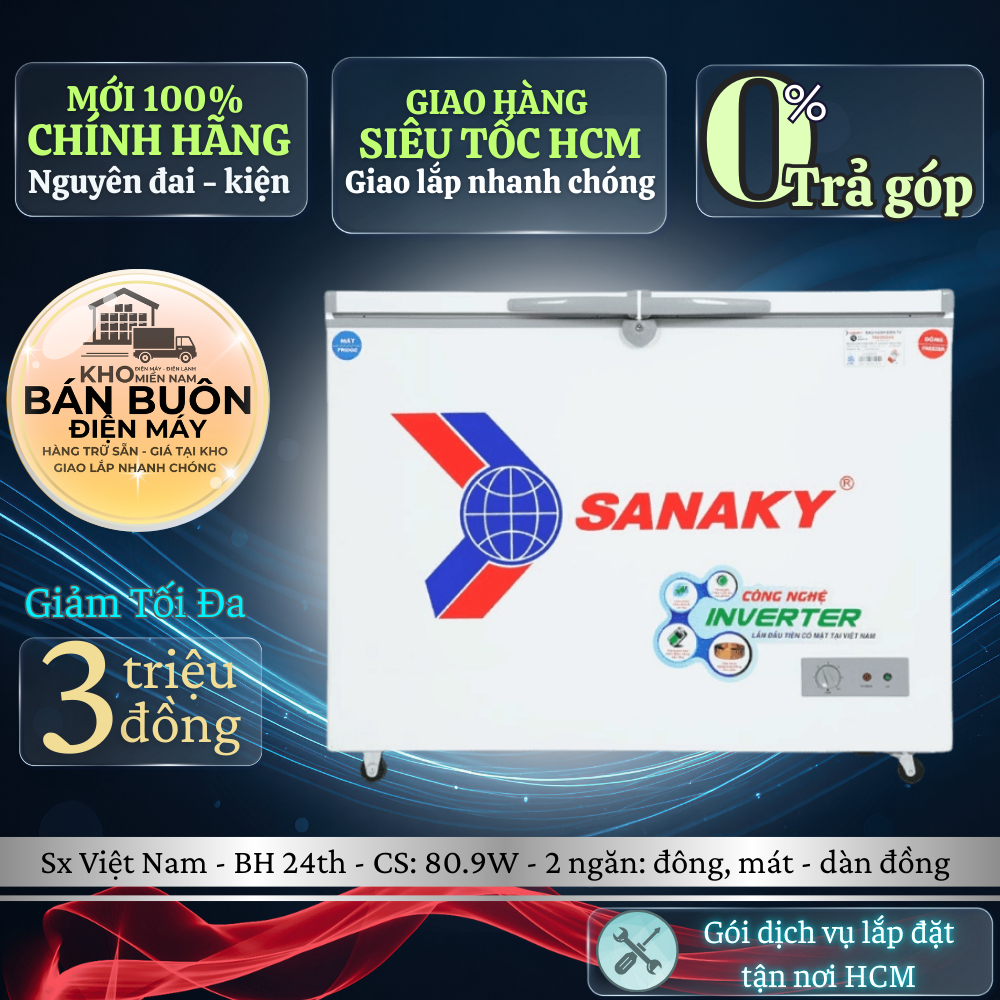 VH-2899W3 Tủ Đông Sanaky – 220 Lít, 2 Ngăn Đông Mát, Inverter, Dàn Lạnh Đồng, Bảo Hành 24 Tháng