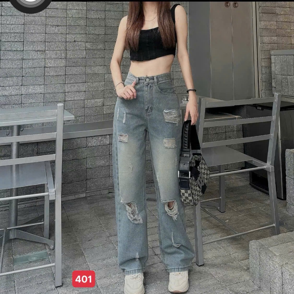 Quần jean nữ ống rộng, quần baggy nữ chất denim cạp cao phối rách thời trang A-T Fashion - MQ052