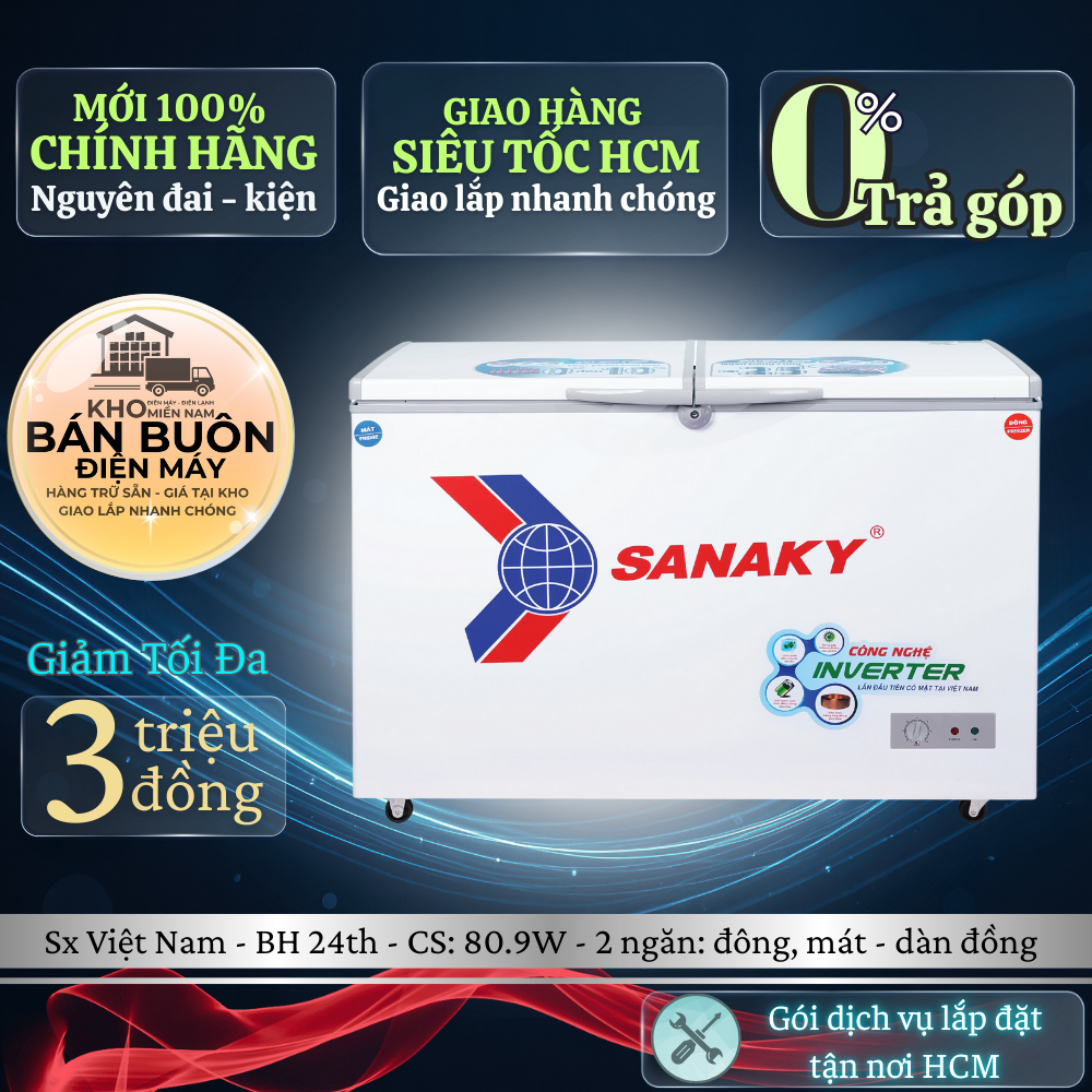 VH-3699W3 Tủ Đông Sanaky – 260 Lít, 2 Ngăn Đông Mát, Inverter, Dàn Lạnh Đồng, Bảo Hành 24 Tháng