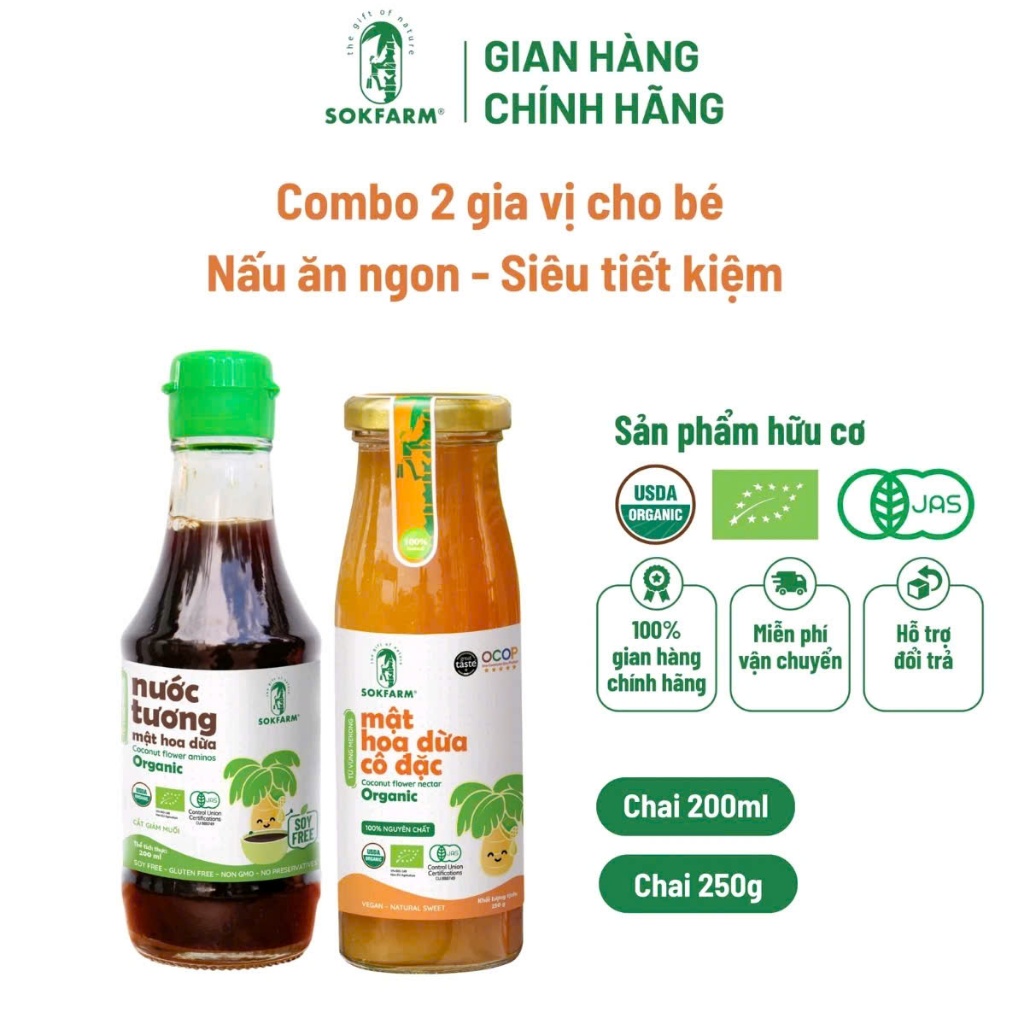 [CHO BÉ] [SALE SHOP MỚI] Combo Nước tương & Mật Hoa Dừa Organic Sokfarm, chứng nhận Organic USDA,EU