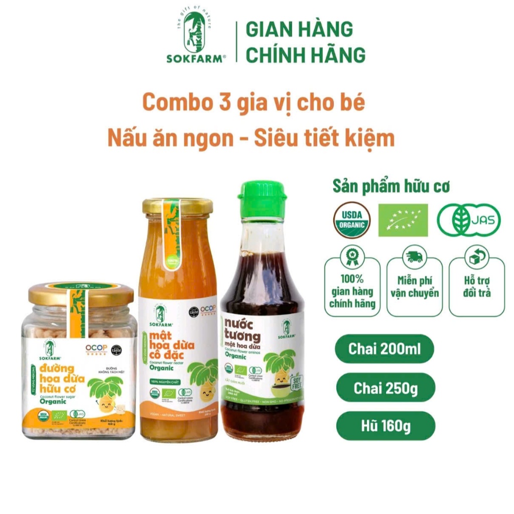 [CHO BÉ] [SALE SHOP MỚI] Nước tương & Đường& Mật Hoa Dừa Organic Sokfarm, chứng nhận Organic USDA,EU
