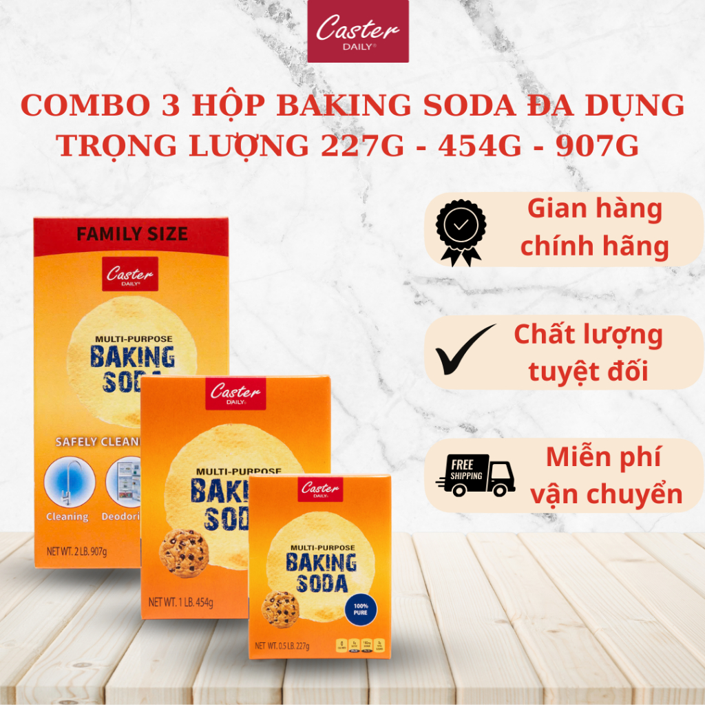 COMBO 3 HỘP BAKING SODA CASTER DAILY ĐA DỤNG LÀM BÁNH. KHỬ MÙI, VỆ SINH TRỌNG LƯỢNG 227G-454G-907G