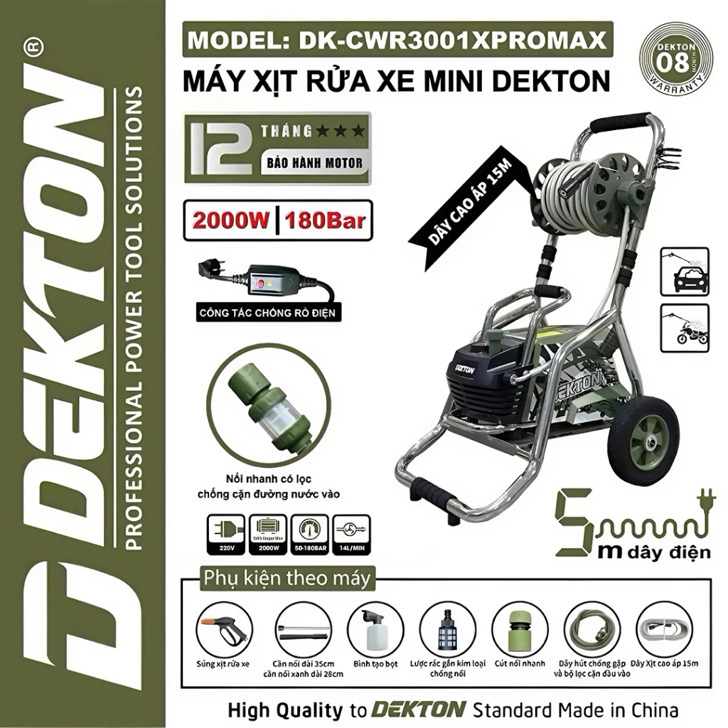 Máy rưa xe chỉnh áp DEKTON DK-CWR3001PROMAX, 2000W 180Bar, Có chống giật Công Nghệ Mới INVERTER