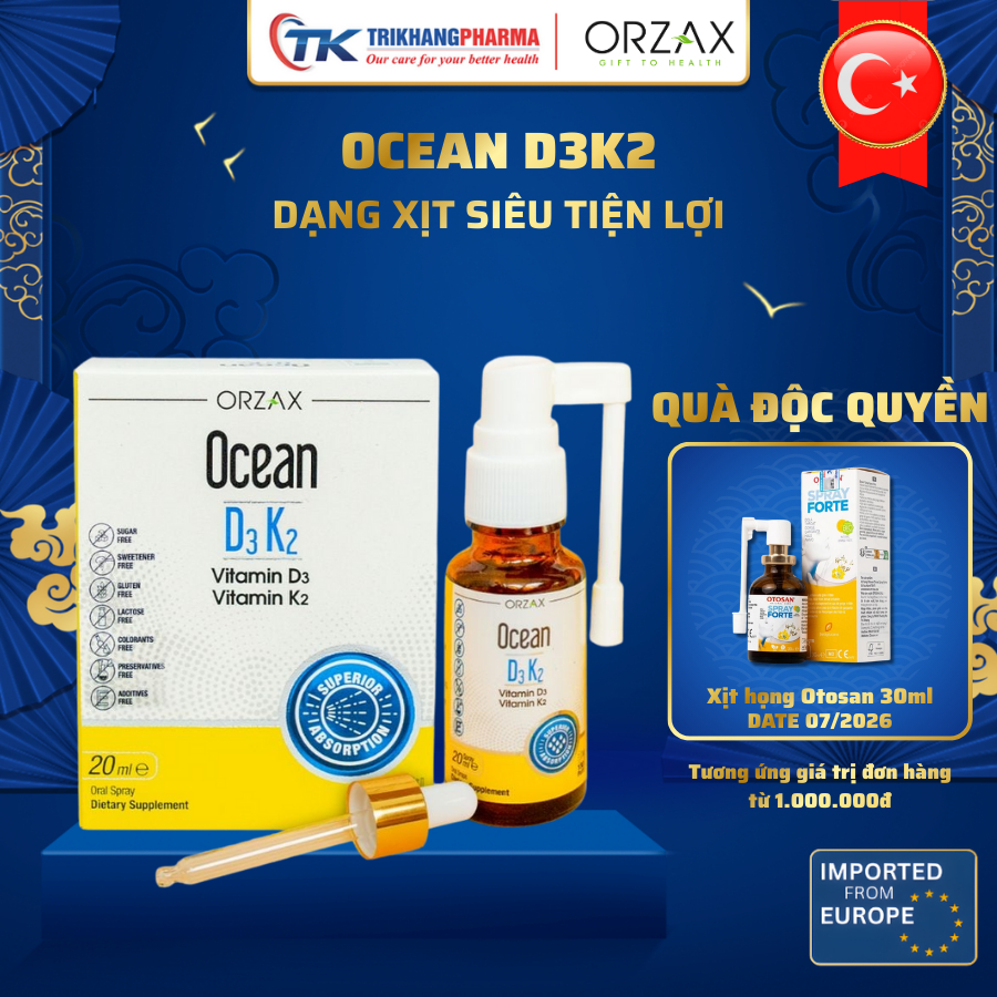 Vitamin D3K2 Ocean Dạng Xịt Bổ Sung Vitamin D3, Vitamin K2 20ml Tăng Cường Hấp Thu Canxi Và Dưỡng Chất