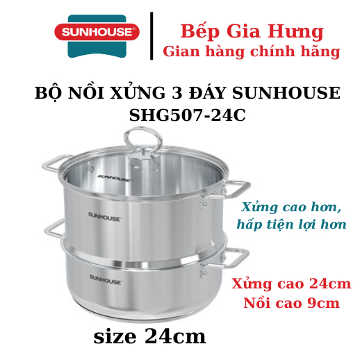 Bộ nồi xửng hấp inox 3 đáy Sunhouse SHG507-24C - chính hãng