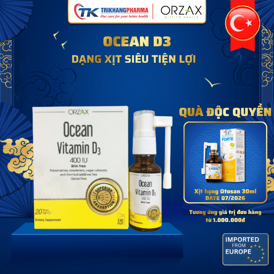 Xịt Vitamin D3 Ocean Orzax Lọ 20ml hỗ trợ phát triển chiều cao tăng sức đề kháng cho bé nhập khẩu ch