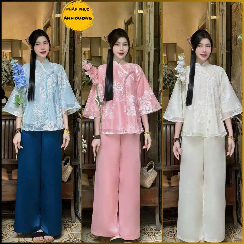 Bộ Lam Đi Chùa - Bộ Đi Chùa Von Tơ Mềm Thêu Đại Đóa Cổ Trụ Đính Cúc Lệch - Mã P96