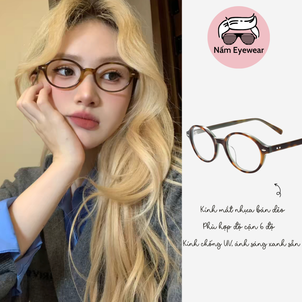 Kính mắt oval Nấm Eyewear gọng kính tròn dẹt oval y2k lắp cận 9431 - Màu Neon x Báo