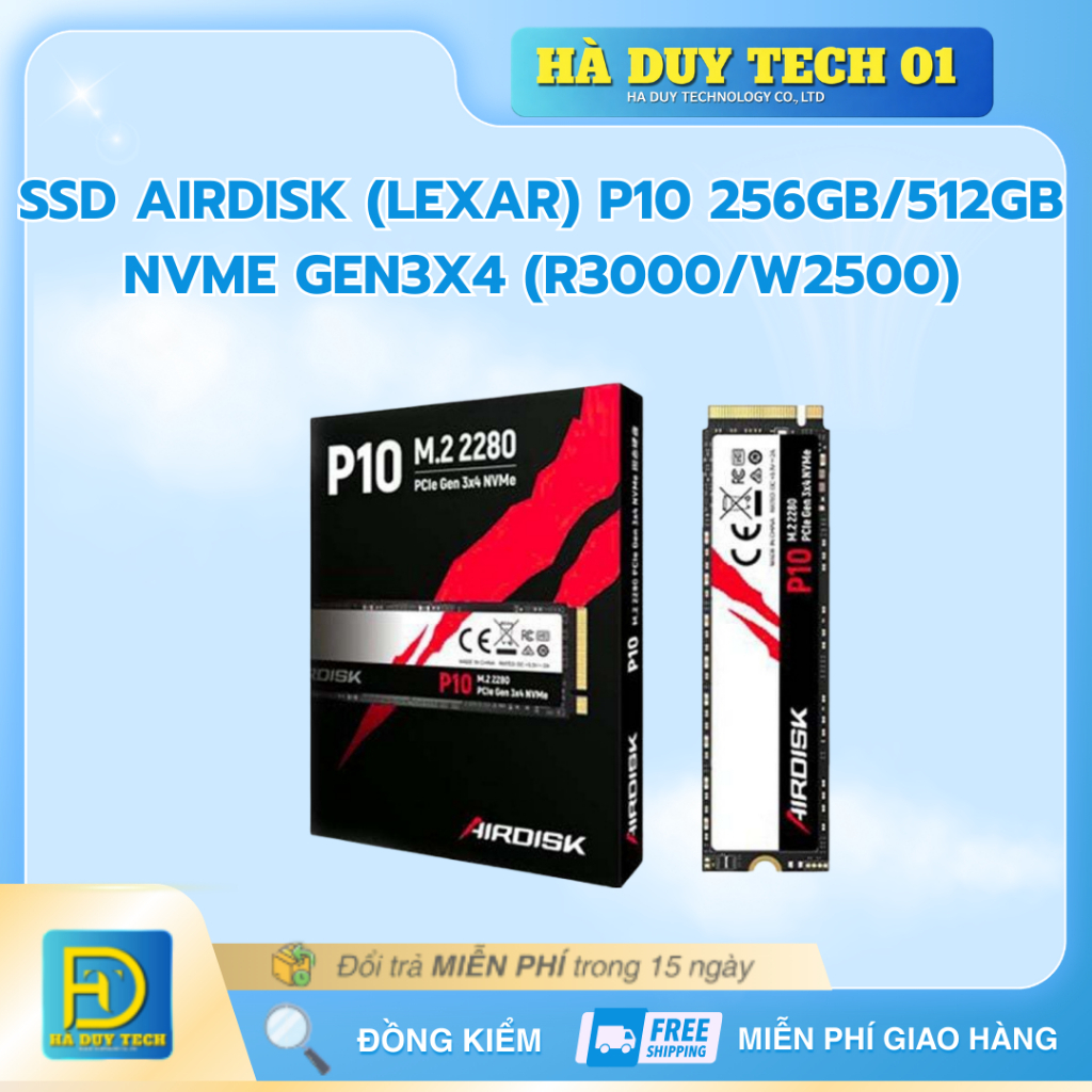 SSD AIRDISK (LEXAR) P10 256GB/512GB NVME GEN3x4 (R3000/W2500) -Cam Kết Chính Hãng- BH 36T- HàDuyTech