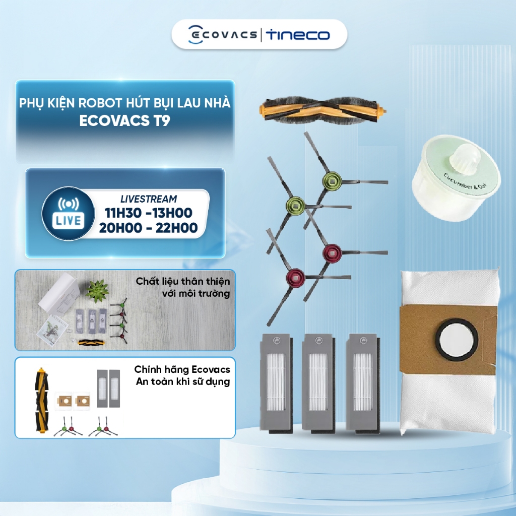 Phụ kiện robot hút bụi lau nhà Ecovacs T9 | Bộ phụ kiện Ecovacs T9 | Chổi cạnh T9 | Túi đựng bụi - C