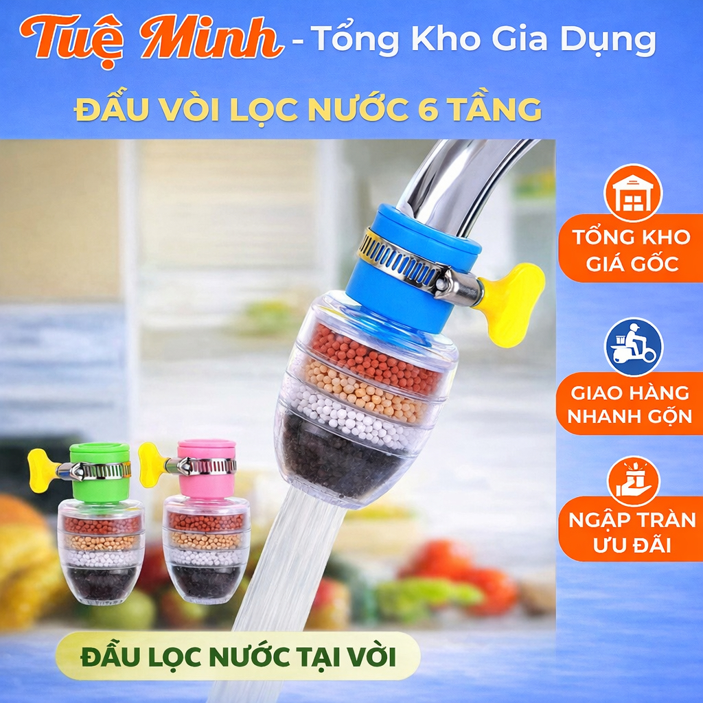 Đầu lọc nước 6 tầng lọc trực tiếp, Đầu vòi nước mini 6 tầng lọc sạch cặn bẩn, lắp dễ dàng chắc chắn