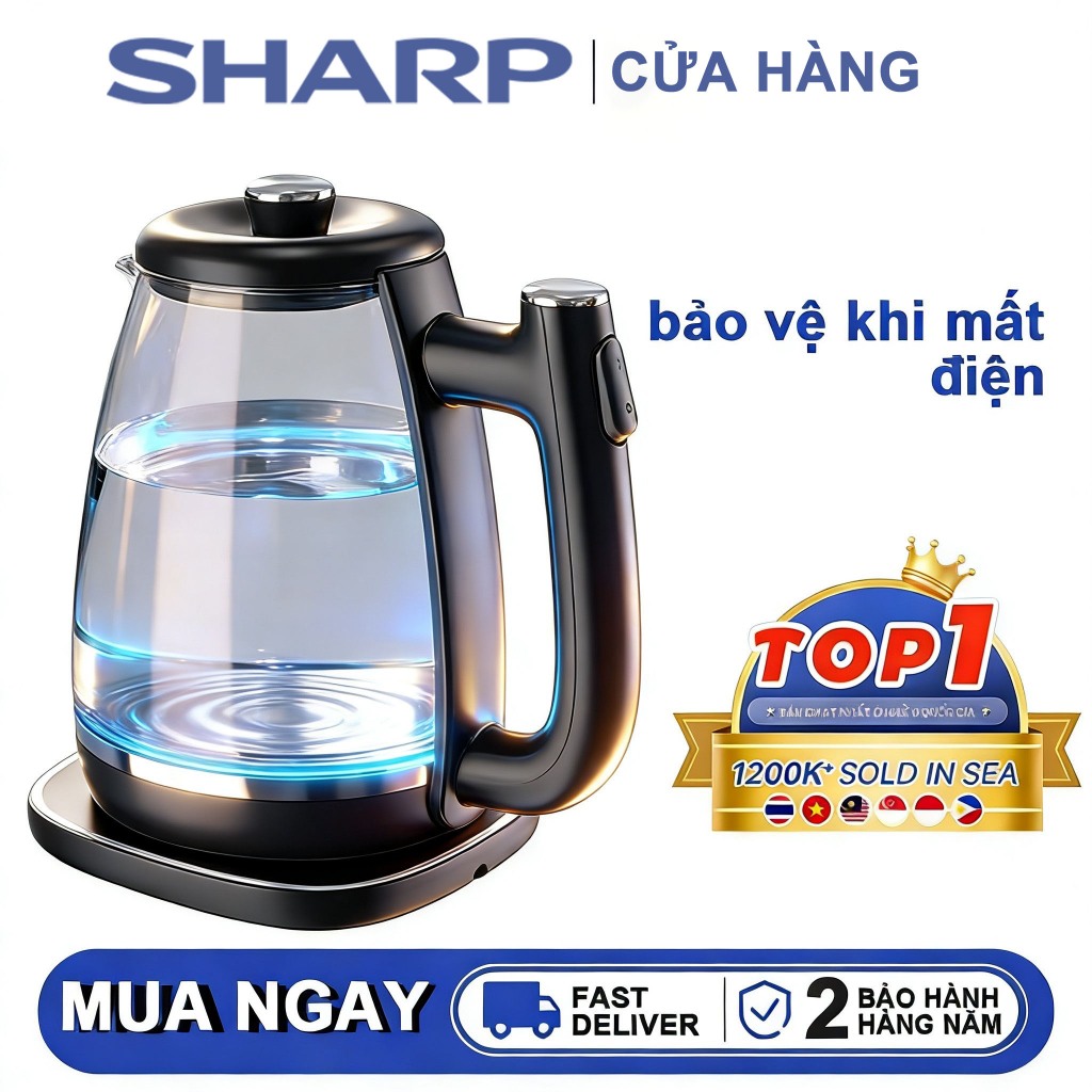 Bảo hành 2 năm - Ấm đun nước điện - Ấm thủy tinh cao cấp - 2 lít - Tự động ngắt điện - An toàn