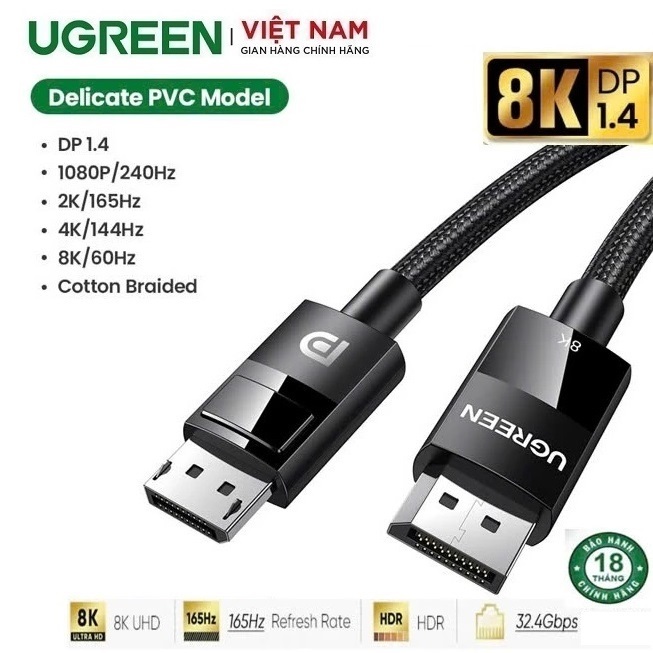 Dây Cáp Displayport 1.4 hỗ trợ 8K/60Hz 4K/2k/240Hz/240Hz chính hãng Ugreen DP114 cao cấp dài từ 1-5M
