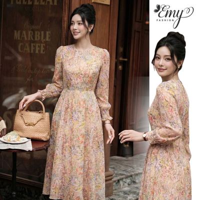 Đầm Tơ Gân Cao Cấp EMY EM9731 - Họa Tiết Hoa Lá Cam Da Thanh Lịch Sang Trọng