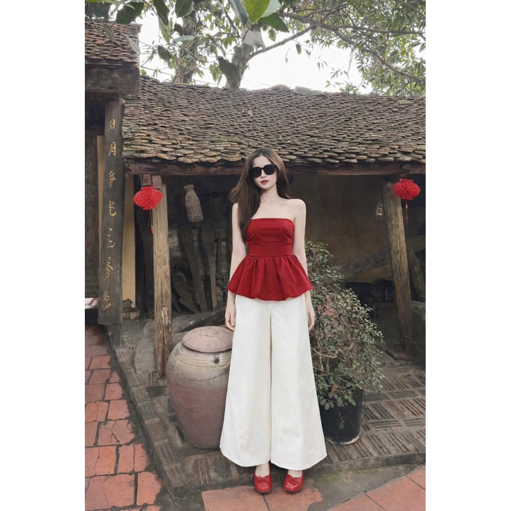 SP024998 [HANGCOSAN] SÉT ÁO CUP BÍ MIX QUẦN ỐNG RỘNG TRẮNG