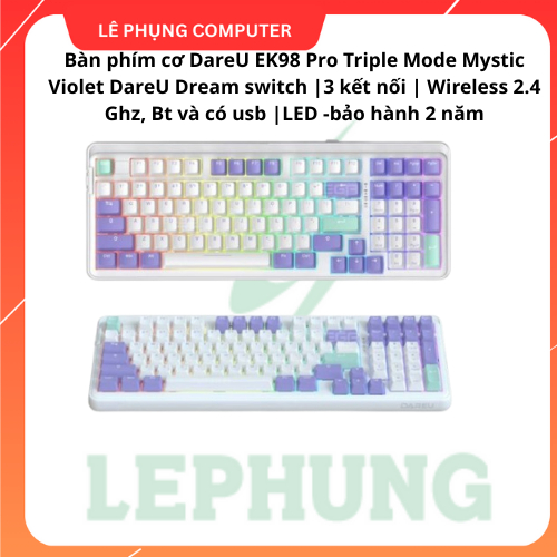 Bàn phím cơ DareU EK98 Pro Triple Mode Mystic Violet DareU Dream switch |3 kết nối | Wireless 2.4 Gh