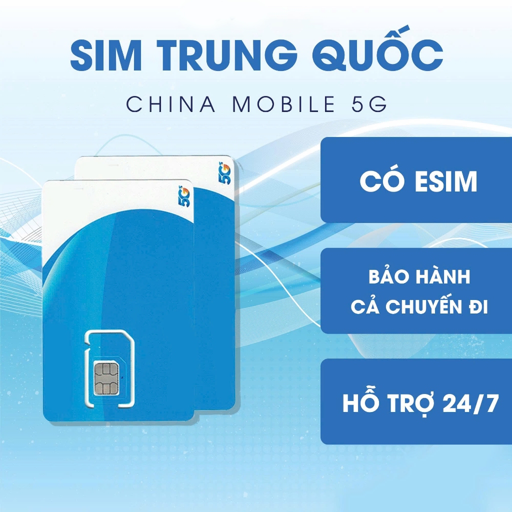 Sim du lịch Trung Quốc 5G, chỉ có data - tặng que chọc sim, nhận sim báo shop kích hoạt, hỗ trợ 24/7