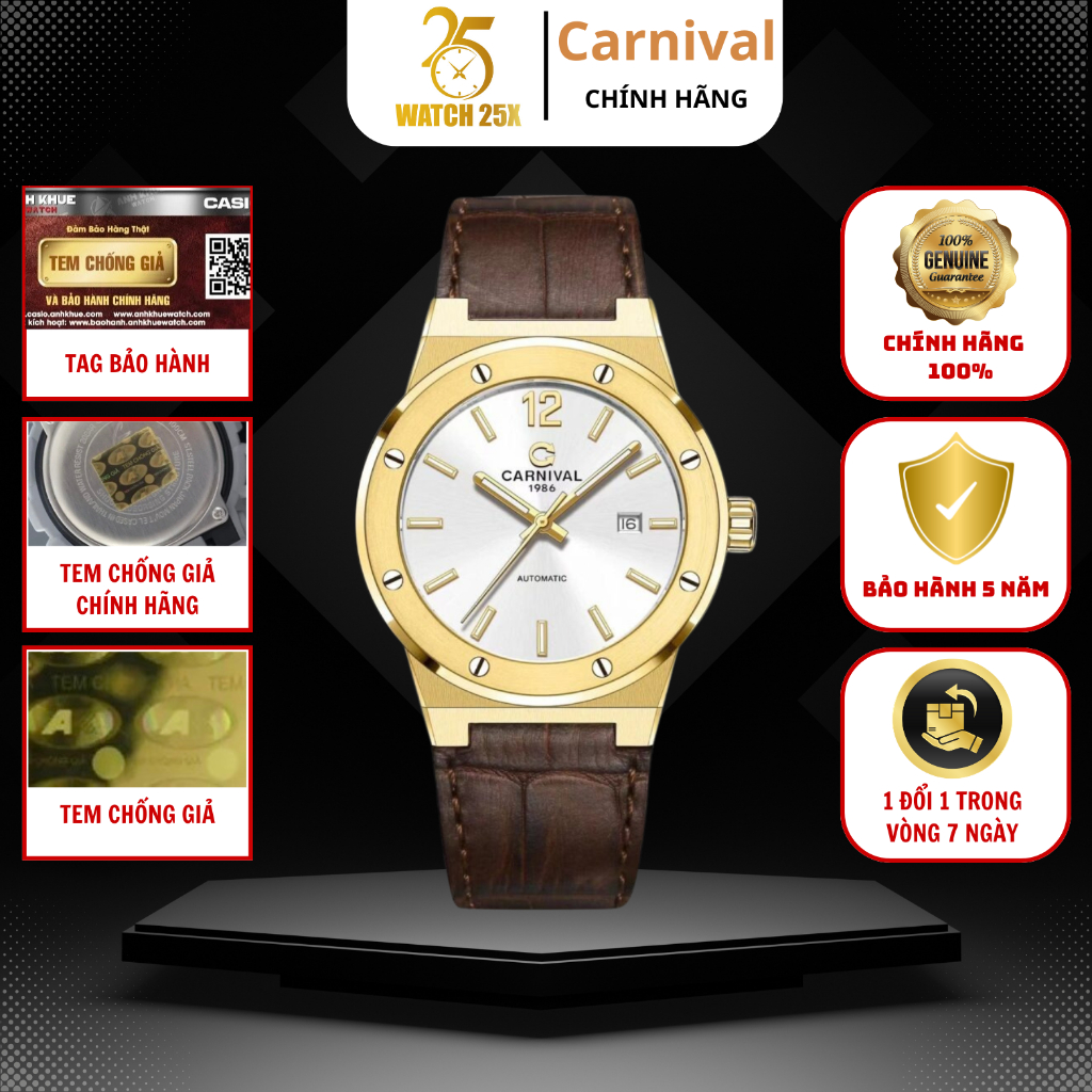 Đồng Hồ Carnival 8122G-VV-DD-T Nam Watch25x - Size 41mm - Vỏ Vàng Mặt Trắng - Lịch Ngày