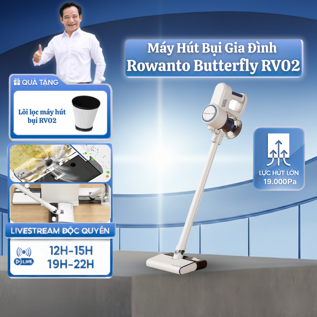 Máy Hút Bụi Gia Đình Rowanto Butterfly RV02 Vừa Hút Vừa Lau Sàn, Lực Hút 19000Pa,Nhỏ Gọn, Dây Dài 5m