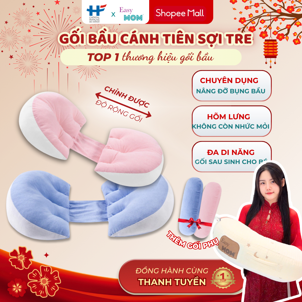 Gối bầu cánh tiên Easy MOM Organic cao cấp vải sợi tre thoáng khí giúp nâng đỡ bụng cho mẹ bầu ngủ n