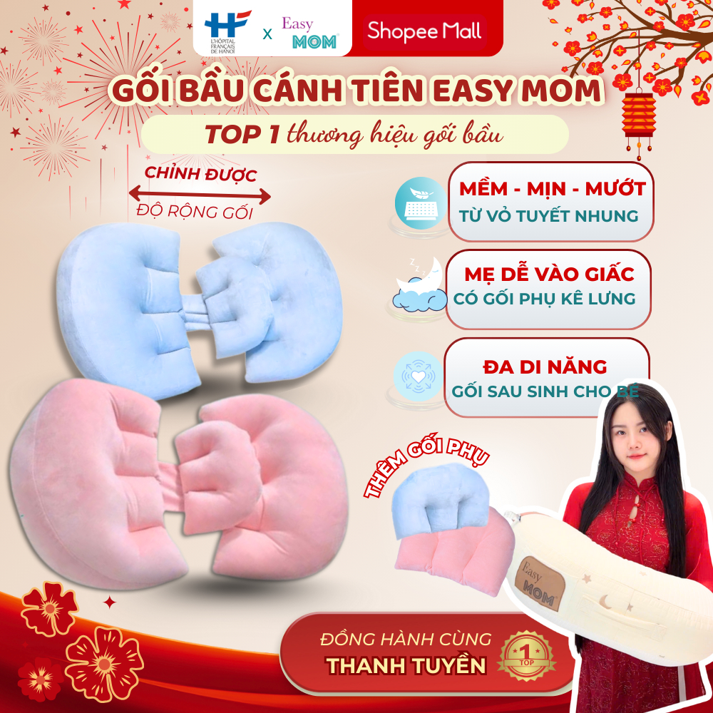 Gối bầu cánh tiên Easy MOM 3 cánh cao cấp vải nhung giúp kê bụng bầu giảm đau lưng