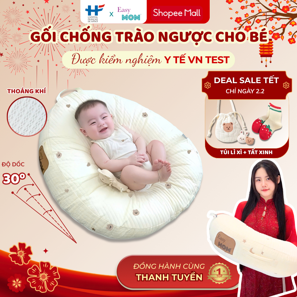 Gối Chống Trào Ngược Easy MOM Hình Quả Lê Cho Bé Sơ Sinh, Có Khóa Kéo 360 độ Hạn chế Tình Trạng Nôn 