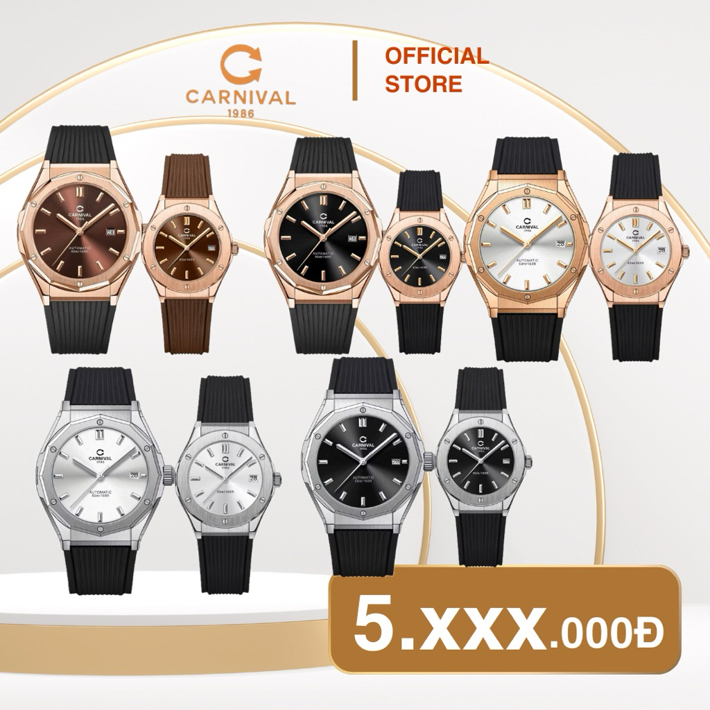 Đồng Hồ Cặp Carnival 8168 - Phiên Bản Viền Thép Trơn Basic - Kính Sapphire - Máy Nhật - Bảo Hành 5 Năm