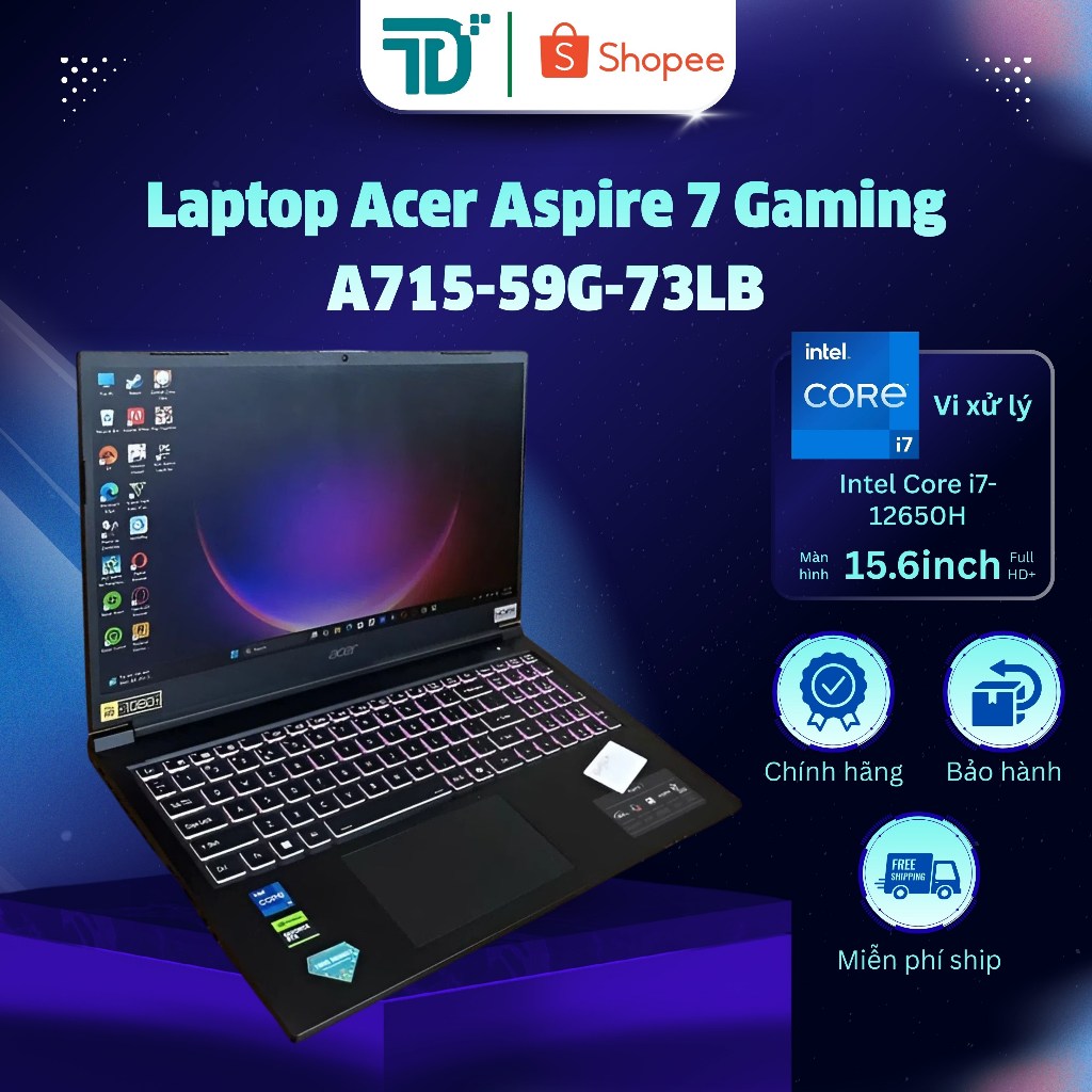 Laptop Acer Aspire 7 Gaming A715-59G-73LB i7/12650H/16/512GB RTX3050 -Laptop 99%