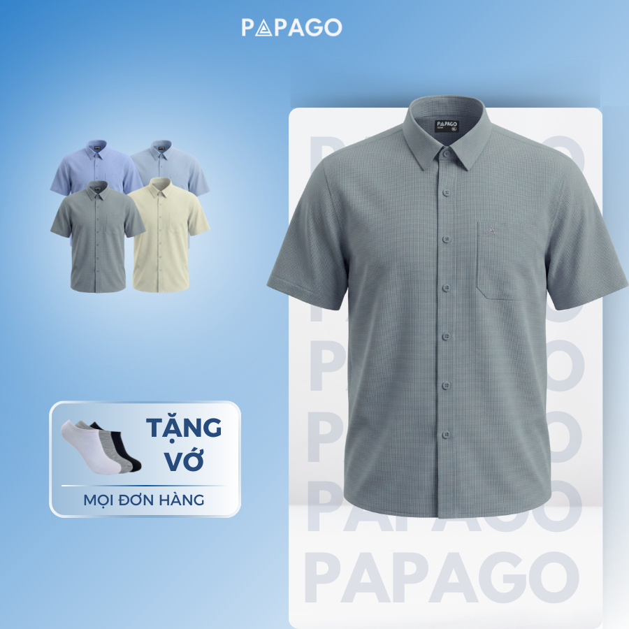 [MỚI] Áo Sơ Mi Nam Trung Niên Thêu Logo PAPAGO Tay Ngắn Lai Ngang - P25SNTT004