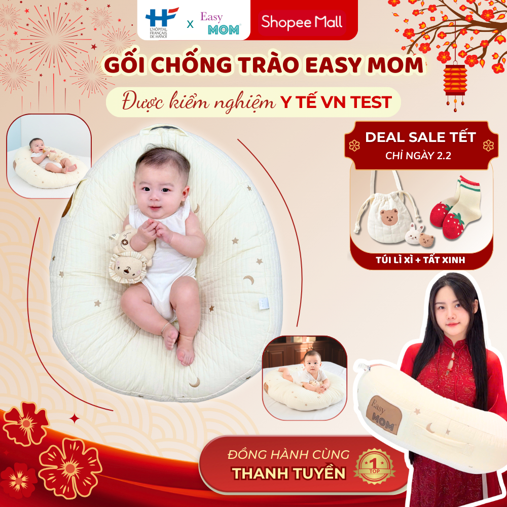 Gối Chống Trào Ngược Cho Bé Sơ Sinh Easy MOM Hình Quả Lê, Có Khóa Kéo Thông Minh Hạn chế Tình Trạng 