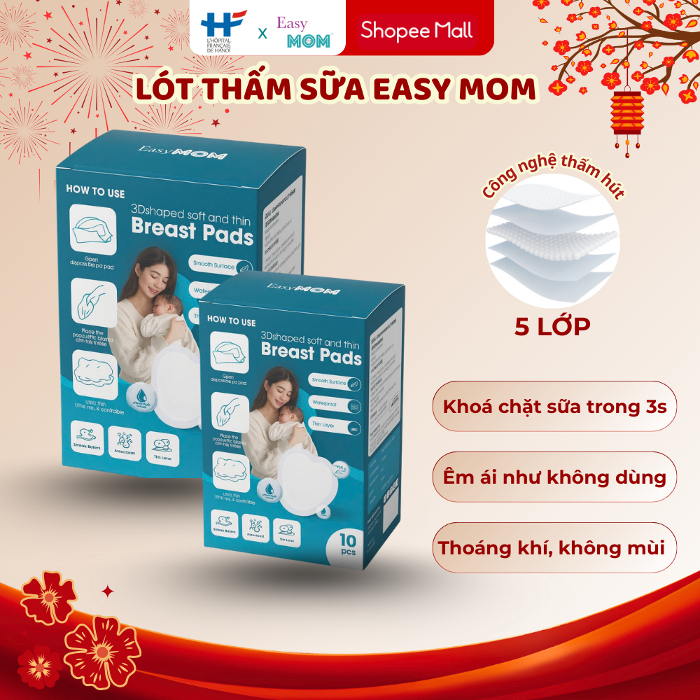 Miếng Lót Thấm Sữa Khoá Tràn Easy MOM 5 Tầng Hút Sữa, Thấm Nhanh, Mềm Mại Hộp 10, 50 Miếng
