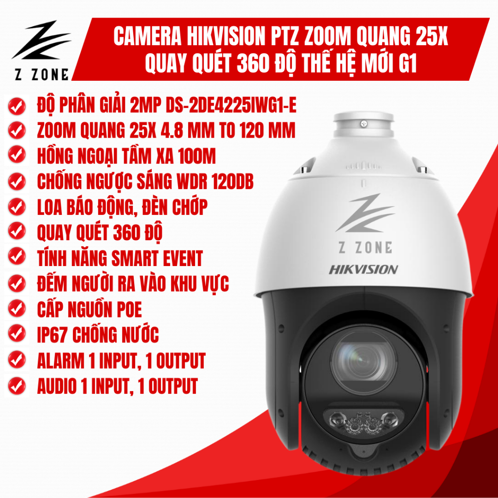 Camera Hikvision PTZ zoom quang 25x quay quét 360 độ DS-2DE4225IWG1-E kèm chân đế thế hệ mới