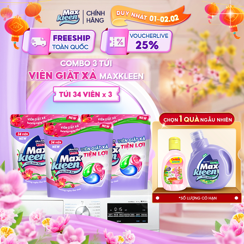 Combo 3 Túi Viên Giặt Xả MaxKleen hương ngày thư thái (34 viên/túi)