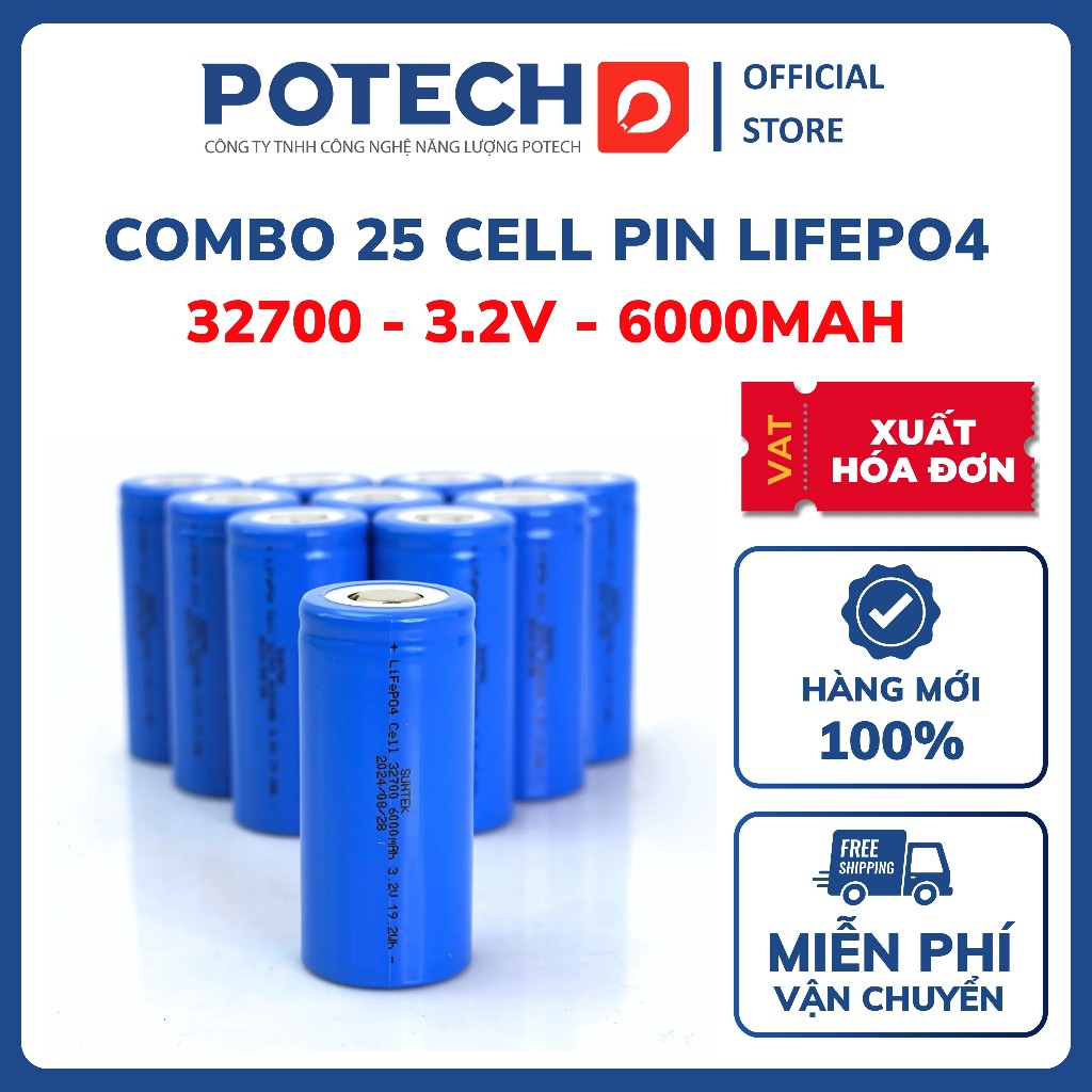 Thùng 25 cell pin sắt LiFePO4 32700 3.2V 6Ah xả 3C (18A) dùng cho xe điện, đèn nlmt, xe đạp điện,..