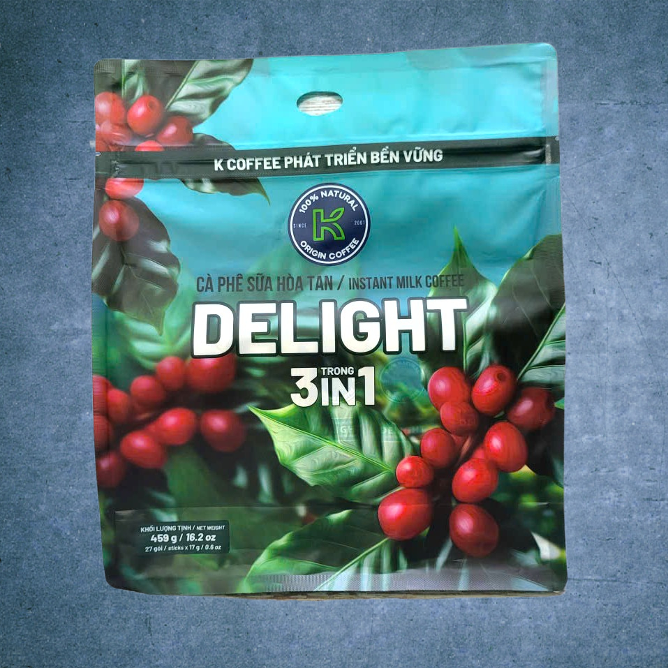 << Túi DELIGHT 459gr / 27 gói >> CÀ PHÊ SỮA HÒA TAN K COFFEE 3 in 1 Instant Milk Coffee