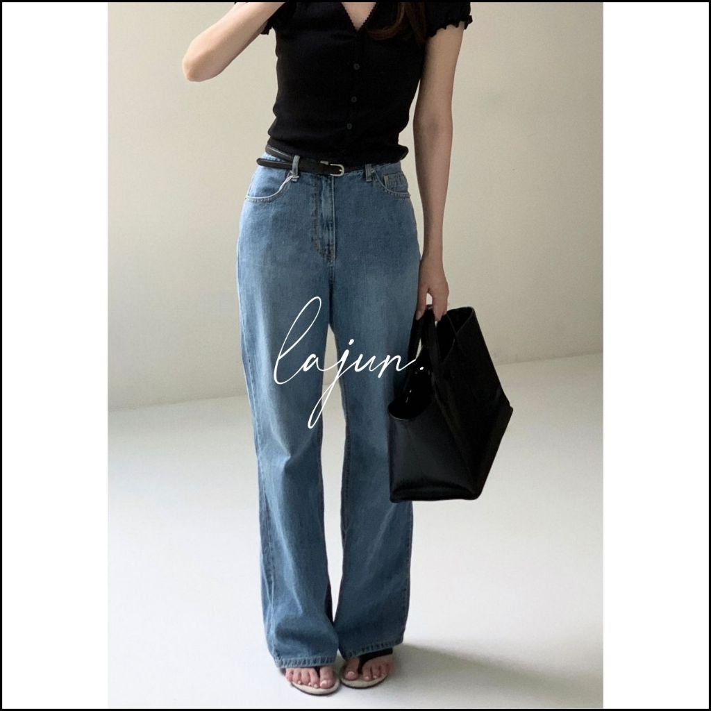 [LAJUN KOREA] Quần Jeans Base Form Suông Lưng Cao Tôn Dáng Chất Liệu Dày Dặn Hàn Quốc