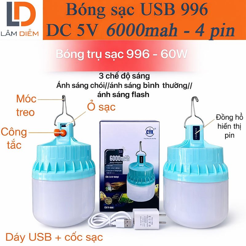 ĐÈN LED SẠC TÍCH ĐIỆN SIÊU SÁNG 516 TẶNG KÈM 2 PN VÀ CỐC SẠC - 996 - 995