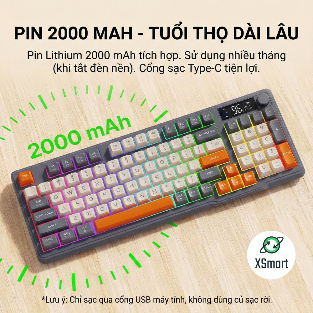 Bộ Bàn Phím Không Dây Bluetooth M96 LED 7 Màu Có Màn Hình, 2 Mode, Phím PBT Cao Cấp, Gõ Êm Chống Ồn | BigBuy360 - bigbuy360.vn