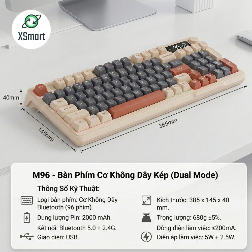 Bộ Bàn Phím Không Dây Bluetooth M96 LED 7 Màu Có Màn Hình, 2 Mode, Phím PBT Cao Cấp, Gõ Êm Chống Ồn | BigBuy360 - bigbuy360.vn