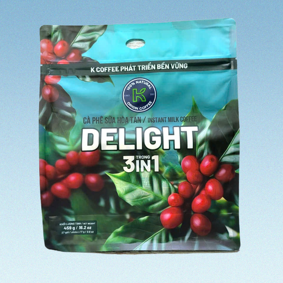 (Túi DELIGHT 459gr / 27 gói) CÀ PHÊ SỮA HÒA TAN K COFFEE 3 in 1 Instant Milk Coffee